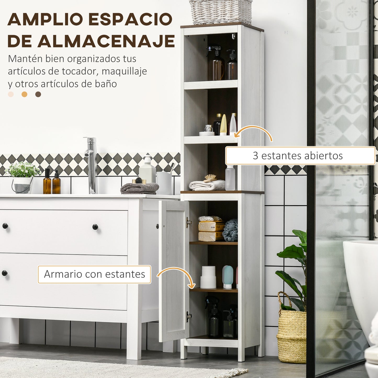 kleankin Conjunto de Baño Juego de Columna de Baño y Mueble para Debajo del Lavabo con Estante Ajustable Estilo Moderno 32x30x161 cm 60x30x60 cm Blanco