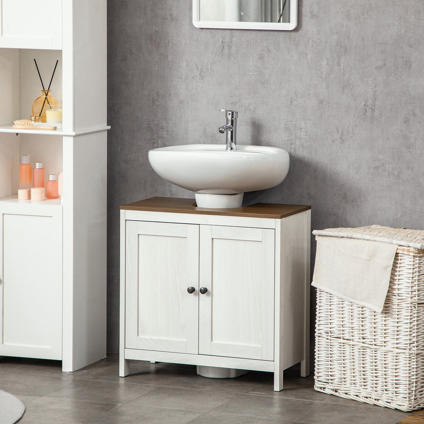 kleankin Conjunto de Baño Juego de Columna de Baño y Mueble para Debajo del Lavabo con Estante Ajustable Estilo Moderno 32x30x161 cm 60x30x60 cm Blanco