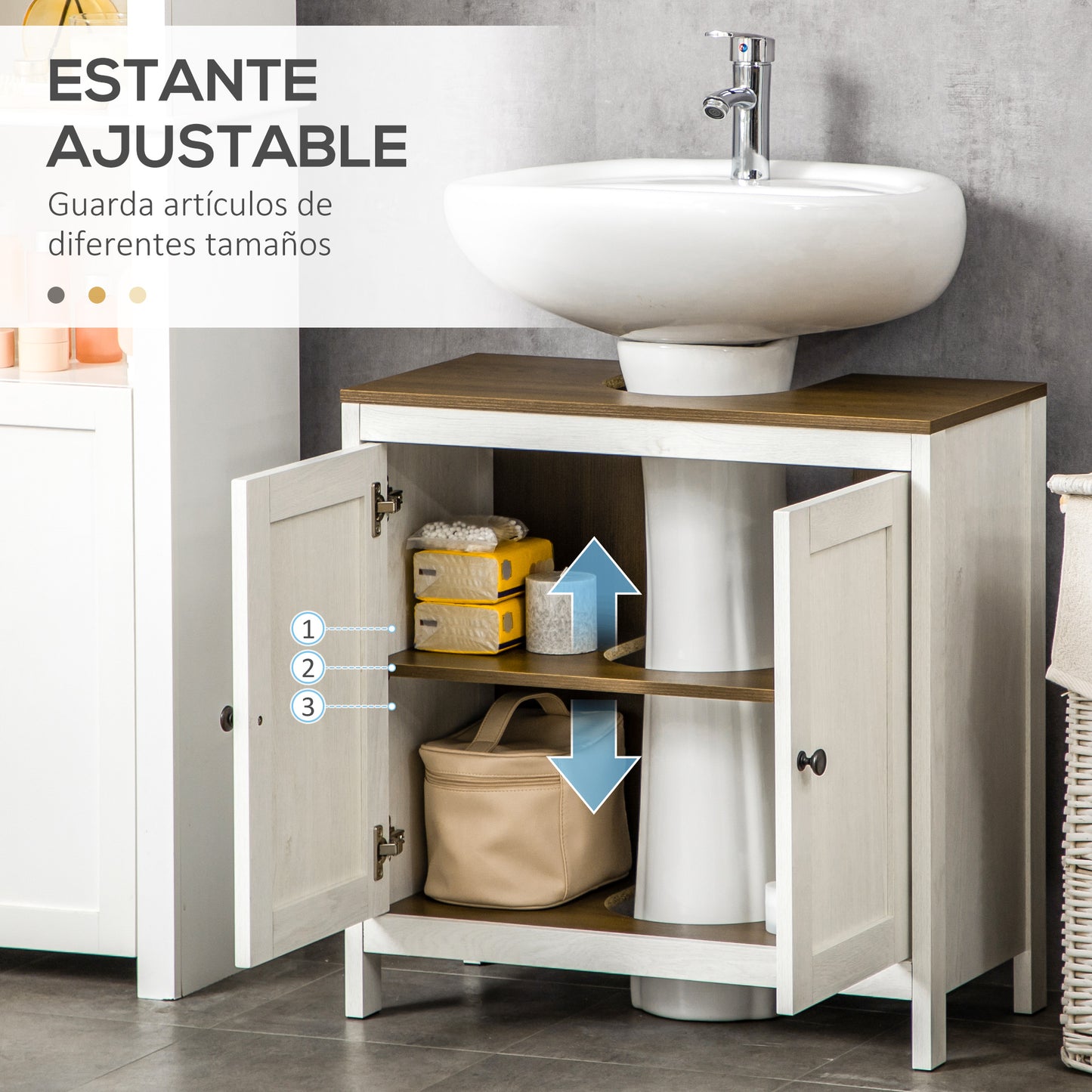 kleankin Conjunto de Baño Juego de Columna de Baño y Mueble para Debajo del Lavabo con Estante Ajustable Estilo Moderno 32x30x161 cm 60x30x60 cm Blanco