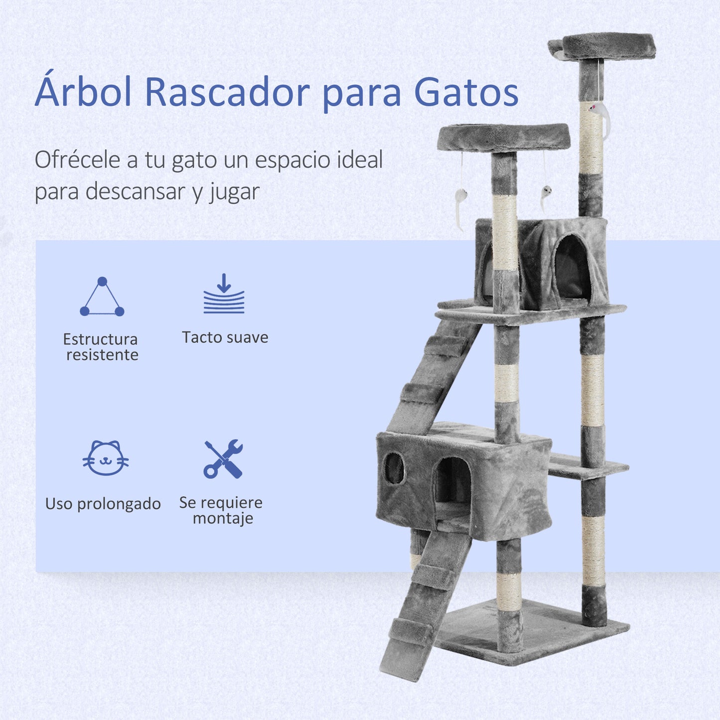 PawHut Árbol Rascador para Gatos Grande 49x49x173 cm con Múltiples Niveles con Cuevas Escaleras Juguetes Colgantes Camas Centro Actividades Sisal Gris