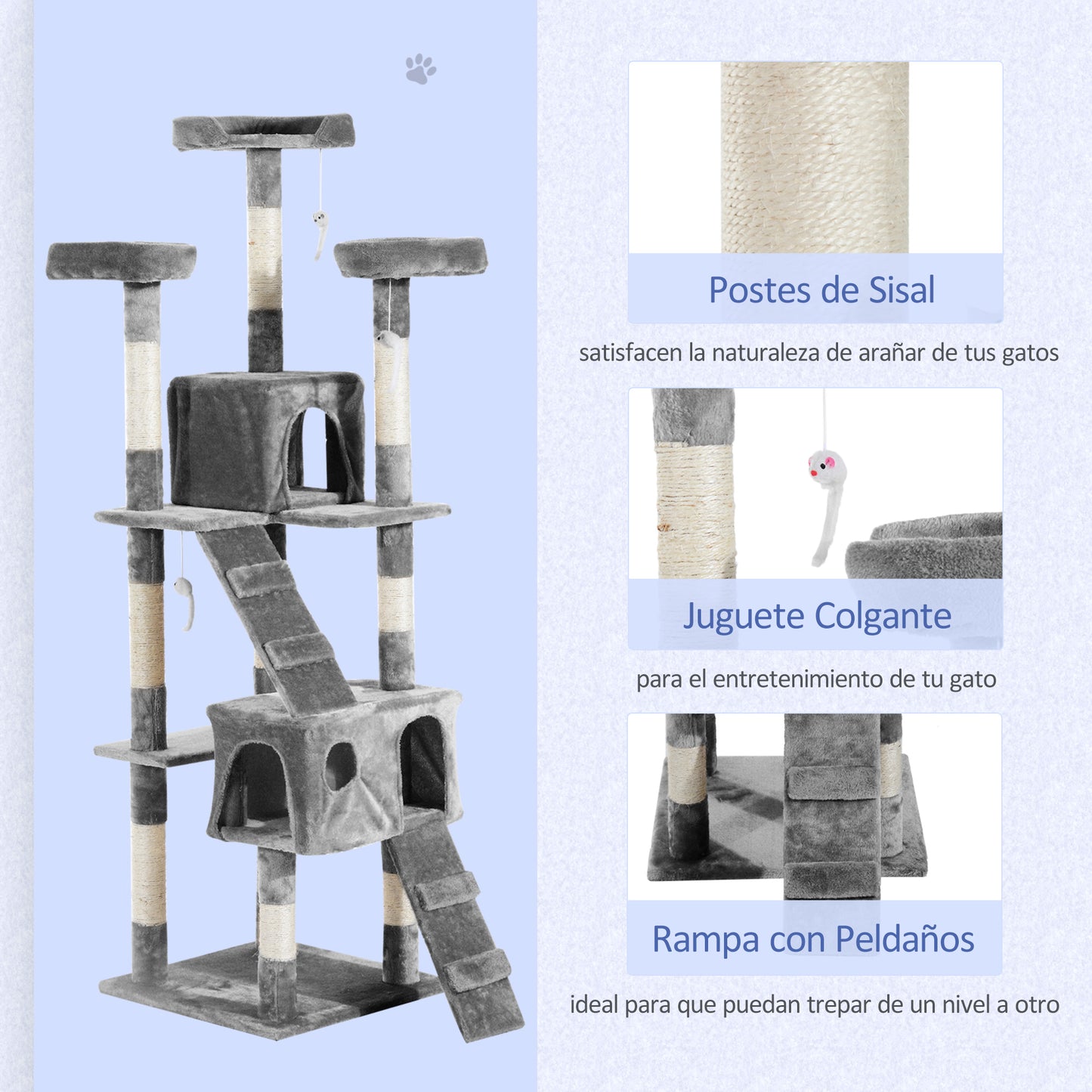 PawHut Árbol Rascador para Gatos Grande 49x49x173 cm con Múltiples Niveles con Cuevas Escaleras Juguetes Colgantes Camas Centro Actividades Sisal Gris