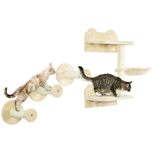 PawHut Juego de Estanterías para Gatos de 4 Piezas Rascador de Pared para Gatos con 3 Postes de Sisal Hamaca y 1 Plataforma para Saltar de 3 Niveles Beige