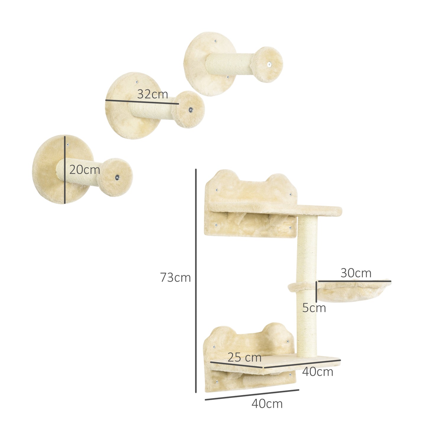 PawHut Juego de Estanterías para Gatos de 4 Piezas Rascador de Pared para Gatos con 3 Postes de Sisal Hamaca y 1 Plataforma para Saltar de 3 Niveles Beige