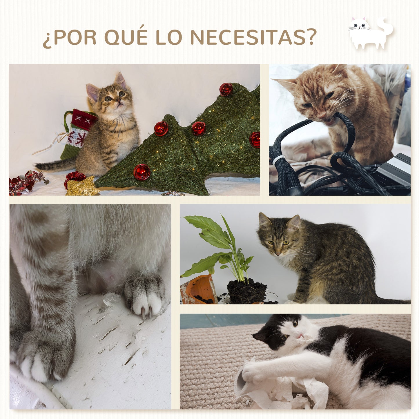 PawHut Juego de Estanterías para Gatos de 4 Piezas Rascador de Pared para Gatos con 3 Postes de Sisal Hamaca y 1 Plataforma para Saltar de 3 Niveles Beige