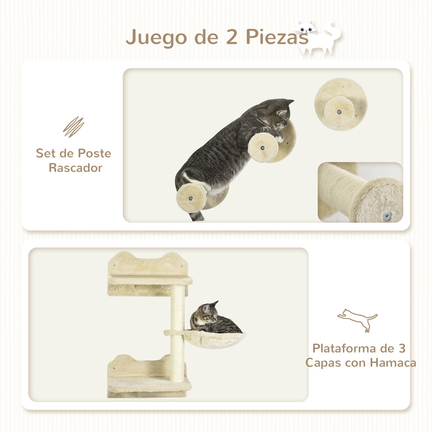 PawHut Juego de Estanterías para Gatos de 4 Piezas Rascador de Pared para Gatos con 3 Postes de Sisal Hamaca y 1 Plataforma para Saltar de 3 Niveles Beige