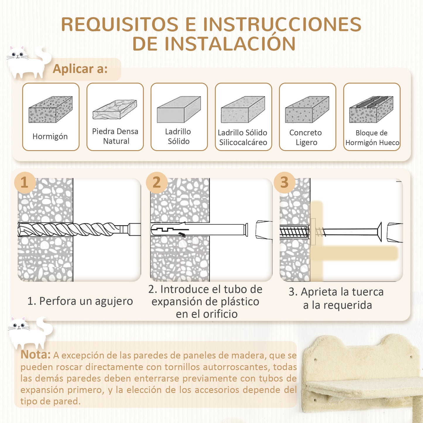 PawHut Juego de Estanterías para Gatos de 4 Piezas Rascador de Pared para Gatos con 3 Postes de Sisal Hamaca y 1 Plataforma para Saltar de 3 Niveles Beige