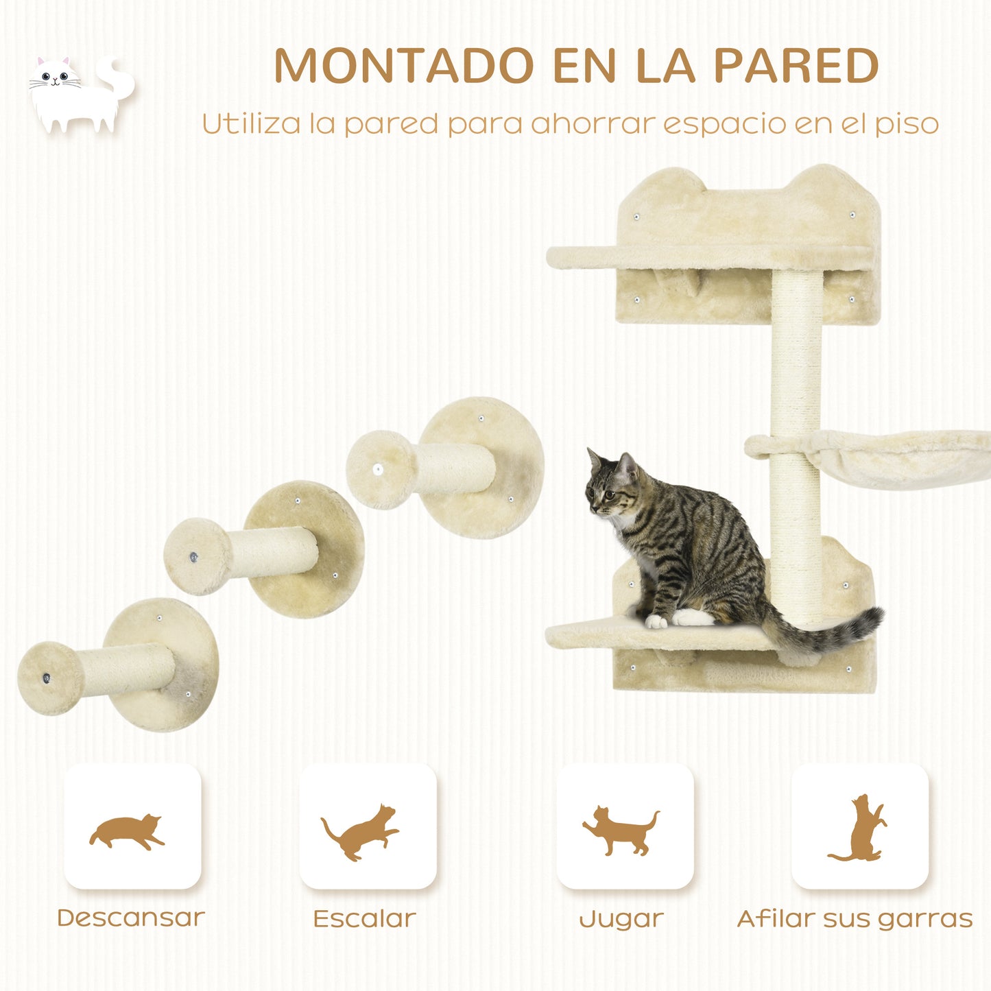 PawHut Juego de Estanterías para Gatos de 4 Piezas Rascador de Pared para Gatos con 3 Postes de Sisal Hamaca y 1 Plataforma para Saltar de 3 Niveles Beige