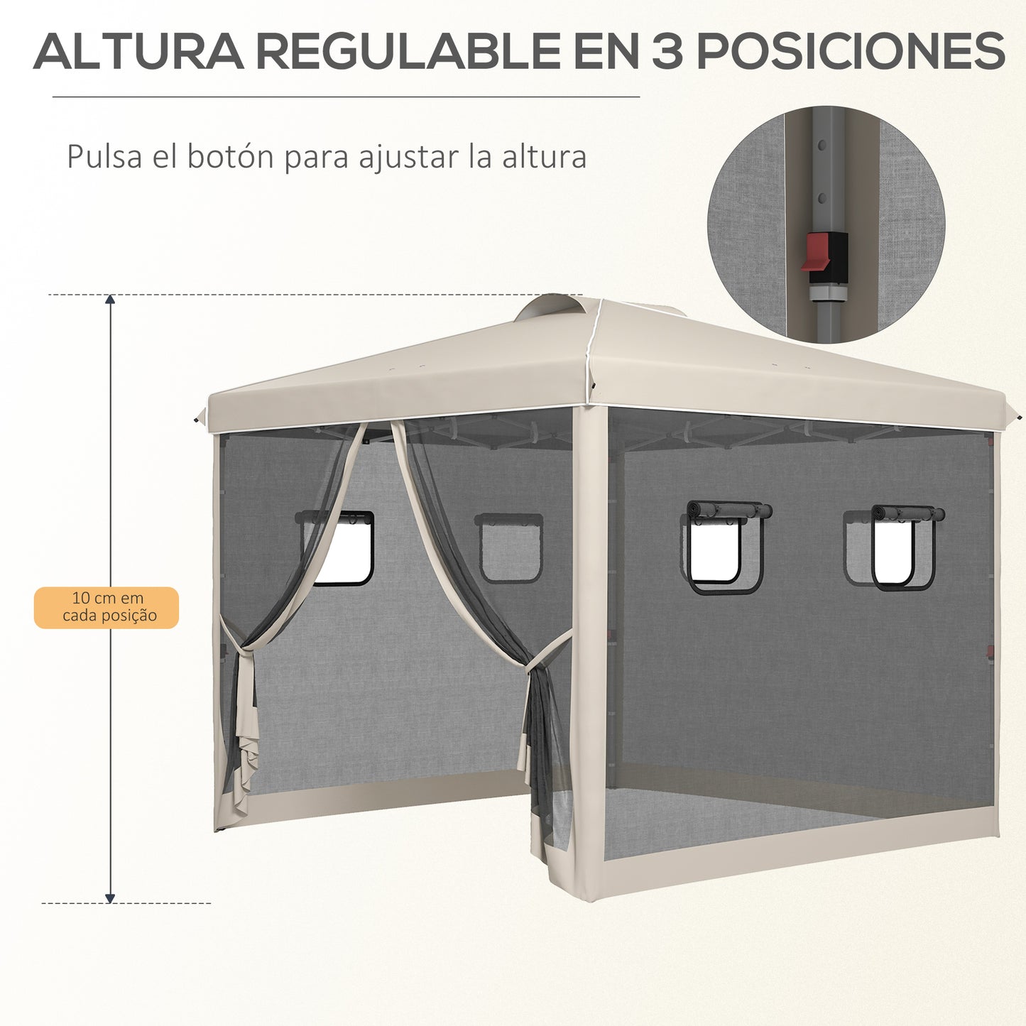 Outsunny Carpa Plegable 3x3 m Cenador de Jardín con Pared Lateral de Malla 6 Ventanas Altura Ajustable en 3 Niveles Protección Rayos UV30+ e Impermeable Gazebo para Exterior Camping Fiestas Beige