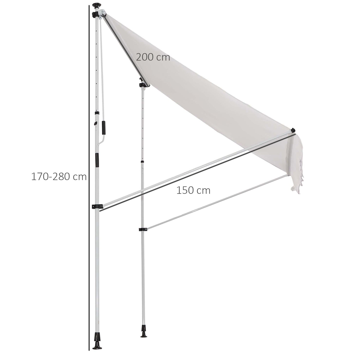 Outsunny Toldo Manual Retráctil 200x150x170-280 cm Toldo para Balcón con Altura Ajustable Manivela y Protección Solar para Terraza Jardín Blanco