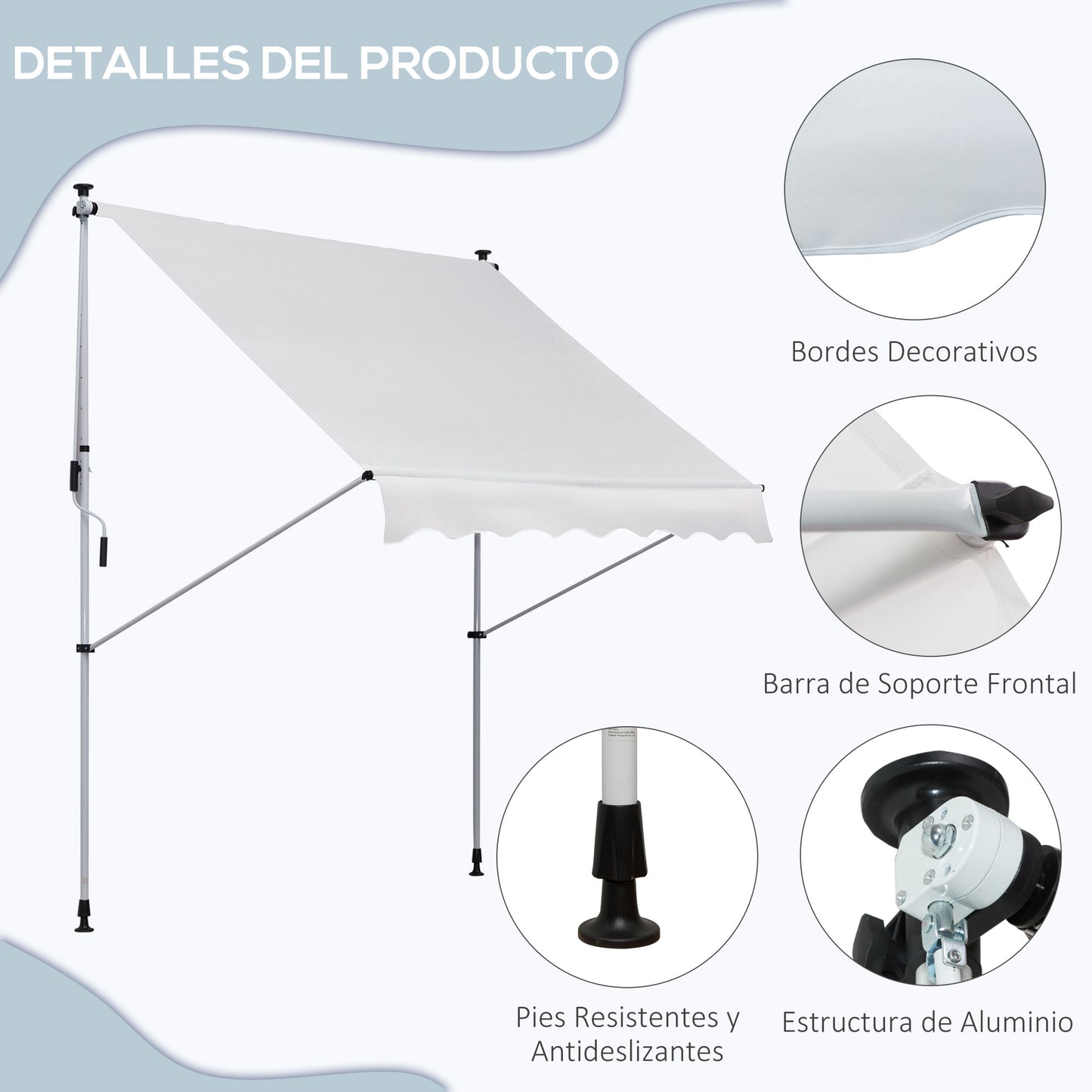 Outsunny Toldo Manual Retráctil 200x150x170-280 cm Toldo para Balcón con Altura Ajustable Manivela y Protección Solar para Terraza Jardín Blanco