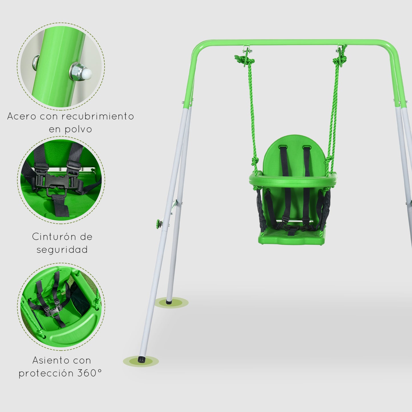 Outsunny Columpio Infantil de Acero Columpio para Niños de 6-36 Meses con Respaldo y Cinturón de Seguridad Columpio para Interiores y Exteriores Carga Máx. 25 kg 122x146x122 cm Verde