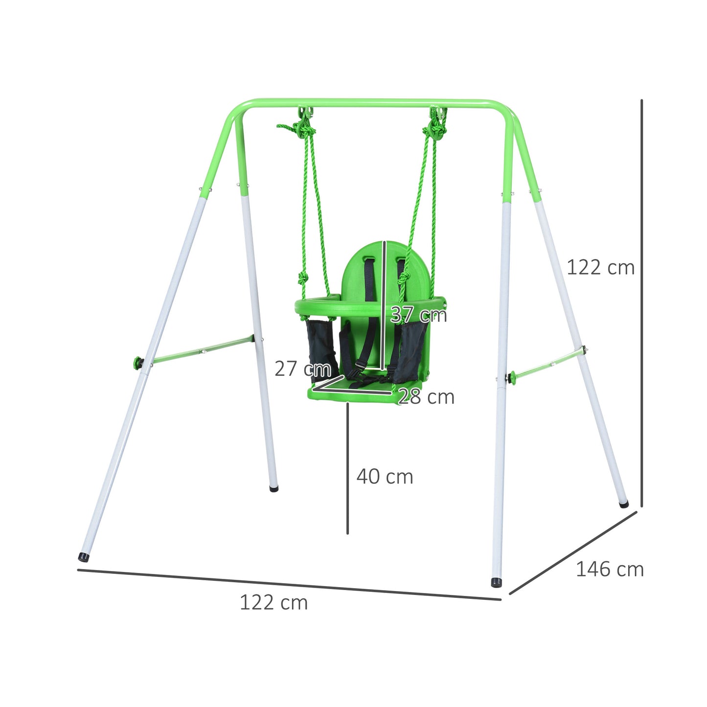 Outsunny Columpio Infantil de Acero Columpio para Niños de 6-36 Meses con Respaldo y Cinturón de Seguridad Columpio para Interiores y Exteriores Carga Máx. 25 kg 122x146x122 cm Verde