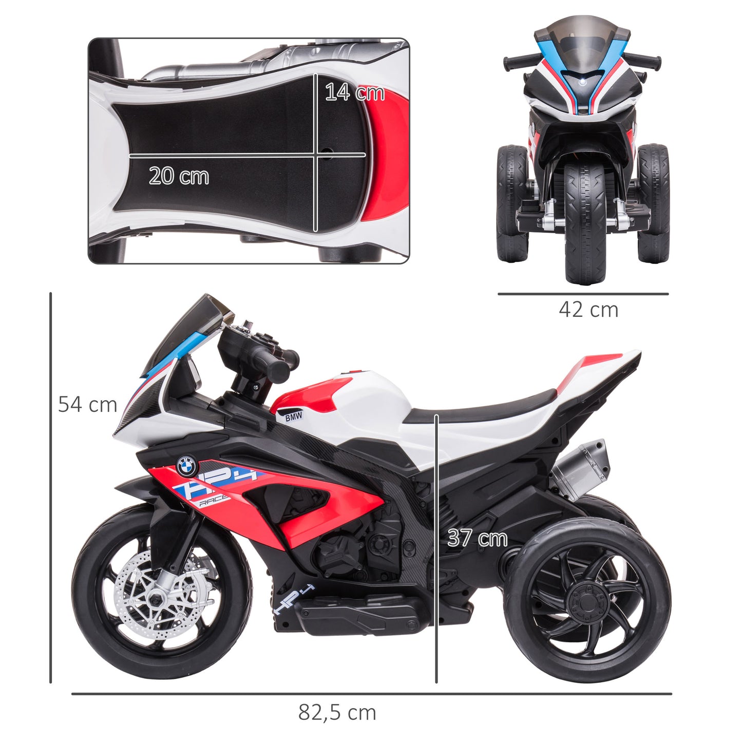 HOMCOM Moto Eléctrica BMW HP4 para Niños de +18 Meses Motocicleta de Batería 6V con Música USB Velocidad 2,5 km/h Avance y Retroceso Carga 30 kg 82,5x42x54 cm Rojo