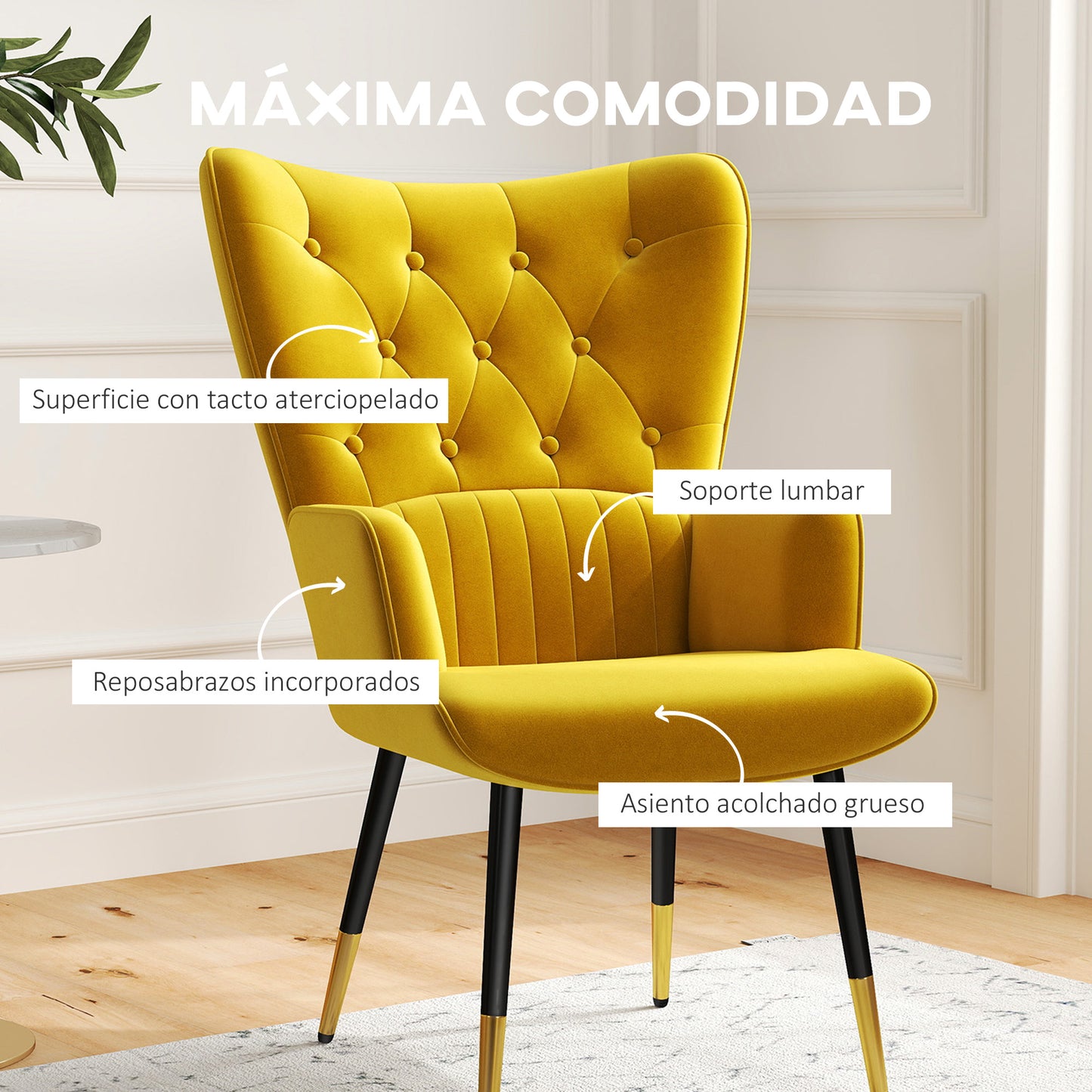 HOMCOM Sillón Individual Butaca de Dormitorio Butaca de Salón Tapizado en Terciopelo con Respaldo Alto Reposabrazos y Patas de Acero Estilo Moderno 68x72x103 cm Amarillo