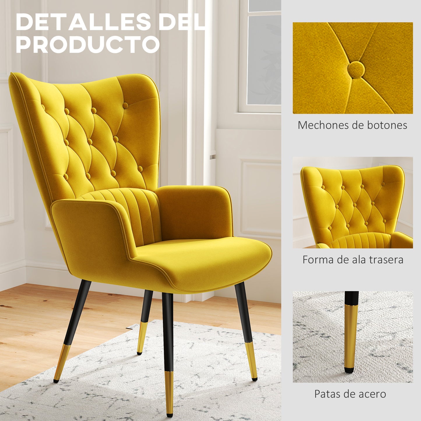 HOMCOM Sillón Individual Butaca de Dormitorio Butaca de Salón Tapizado en Terciopelo con Respaldo Alto Reposabrazos y Patas de Acero Estilo Moderno 68x72x103 cm Amarillo