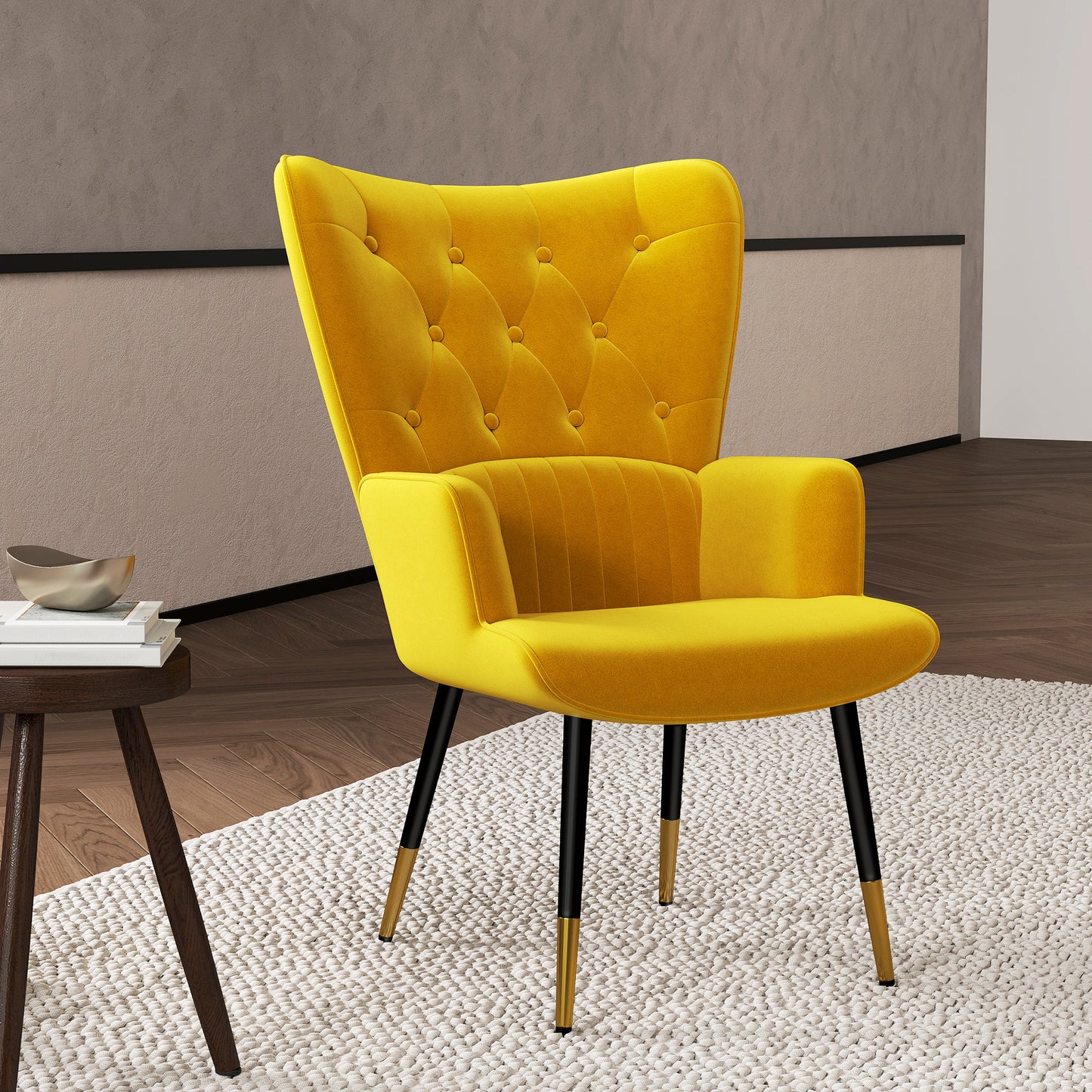 HOMCOM Sillón Individual Butaca de Dormitorio Butaca de Salón Tapizado en Terciopelo con Respaldo Alto Reposabrazos y Patas de Acero Estilo Moderno 68x72x103 cm Amarillo