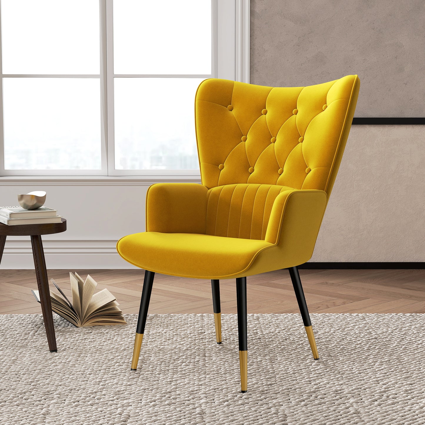 HOMCOM Sillón Individual Butaca de Dormitorio Butaca de Salón Tapizado en Terciopelo con Respaldo Alto Reposabrazos y Patas de Acero Estilo Moderno 68x72x103 cm Amarillo