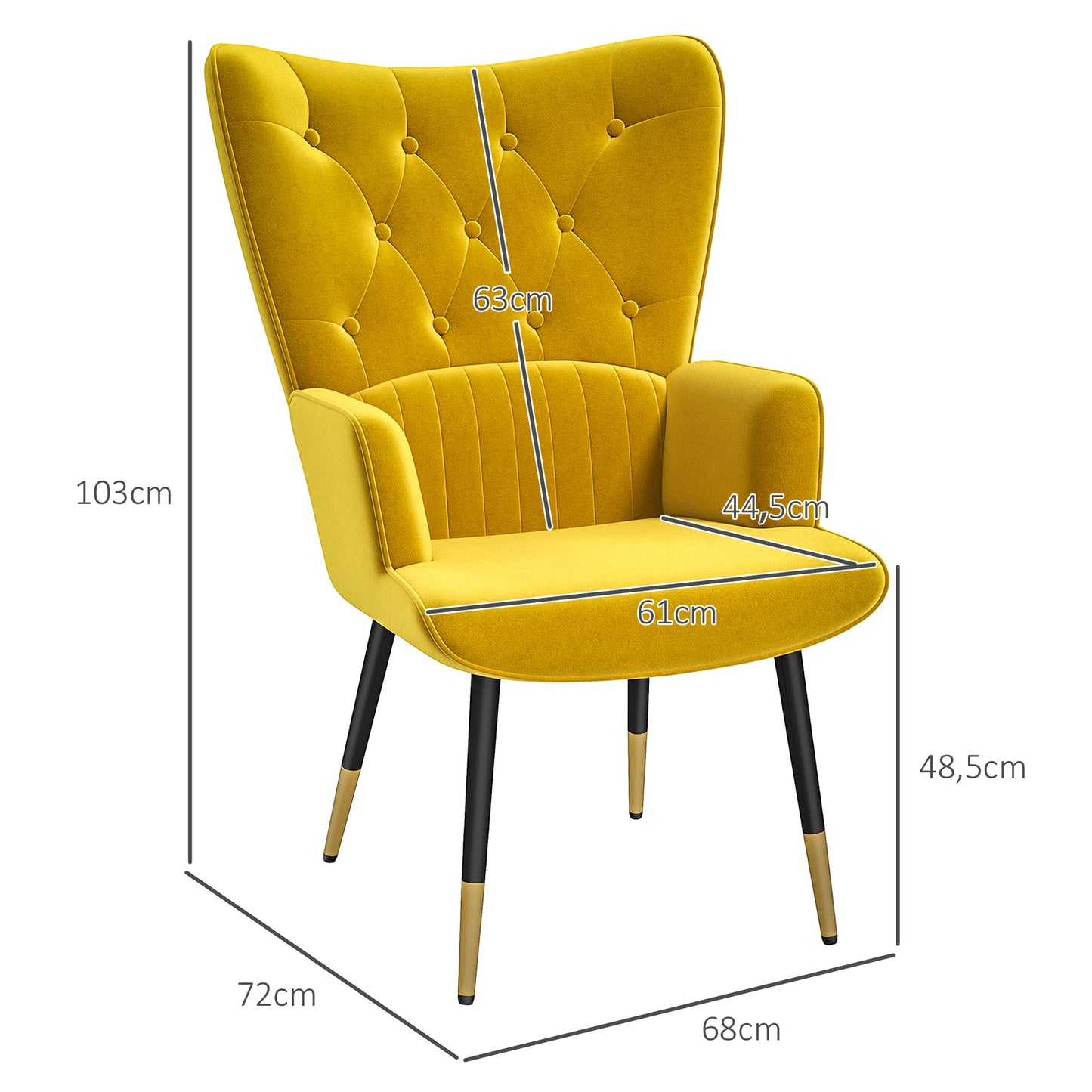 HOMCOM Sillón Individual Butaca de Dormitorio Butaca de Salón Tapizado en Terciopelo con Respaldo Alto Reposabrazos y Patas de Acero Estilo Moderno 68x72x103 cm Amarillo