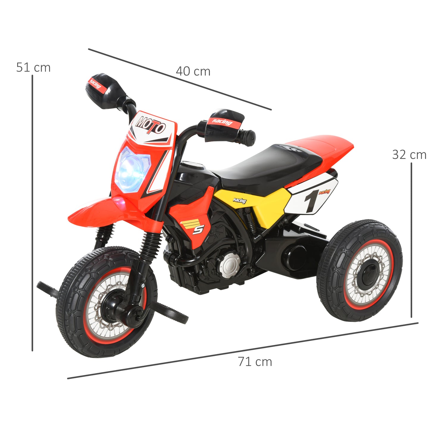 HOMCOM Moto Correpasillos Infantil para Niños de +18 Meses con Apariencia de Moto de Montaña con 3 Ruedas con Luces y Sonido Pedales Diseño Único 71x40x51 cm Rojo