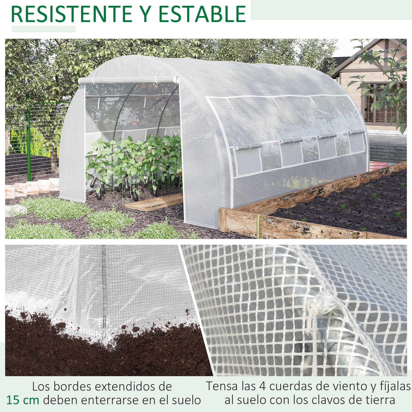 Outsunny Invernadero de Túnel Invernadero de Jardín 4x3x2 m con Puerta y 8 Ventanas Enrollables de Polietileno 140 g/m² y Acero Galvanizado para Cultivos Plantas Flores Blanco