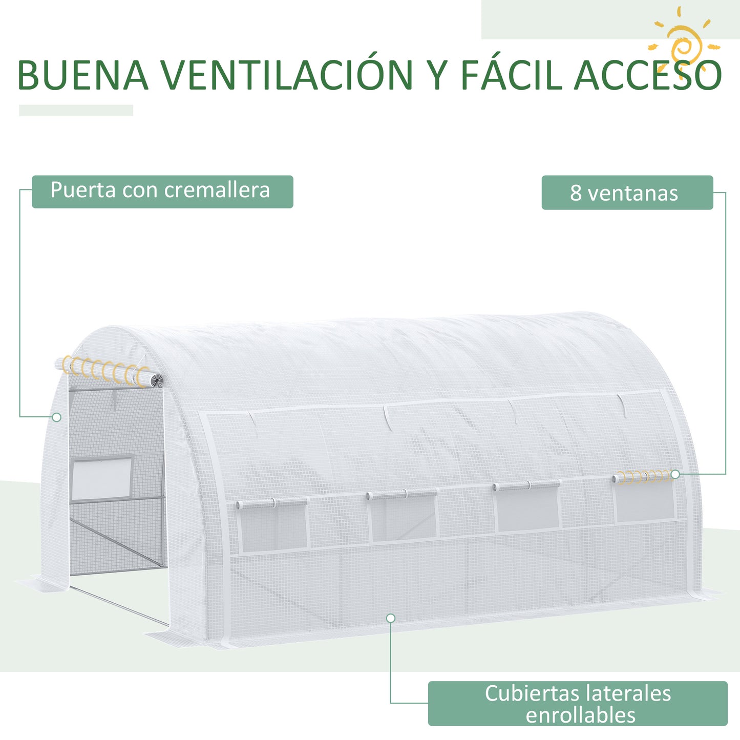 Outsunny Invernadero de Túnel Invernadero de Jardín 4x3x2 m con Puerta y 8 Ventanas Enrollables de Polietileno 140 g/m² y Acero Galvanizado para Cultivos Plantas Flores Blanco