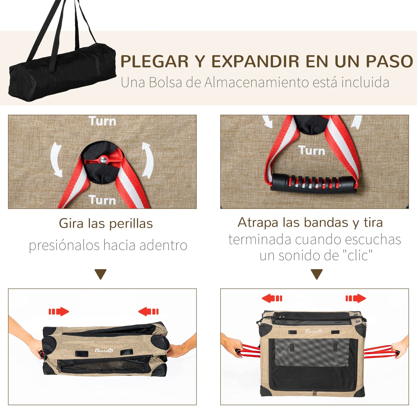 PawHut Transportín Mochila para Gatos Perros Pequeños Bolsa de Transporte para Mascotas Plegable con Cojín Extraíble y Correa de Transporte Ajustable para Viaje 48,5x33,5x33 cm Caqui