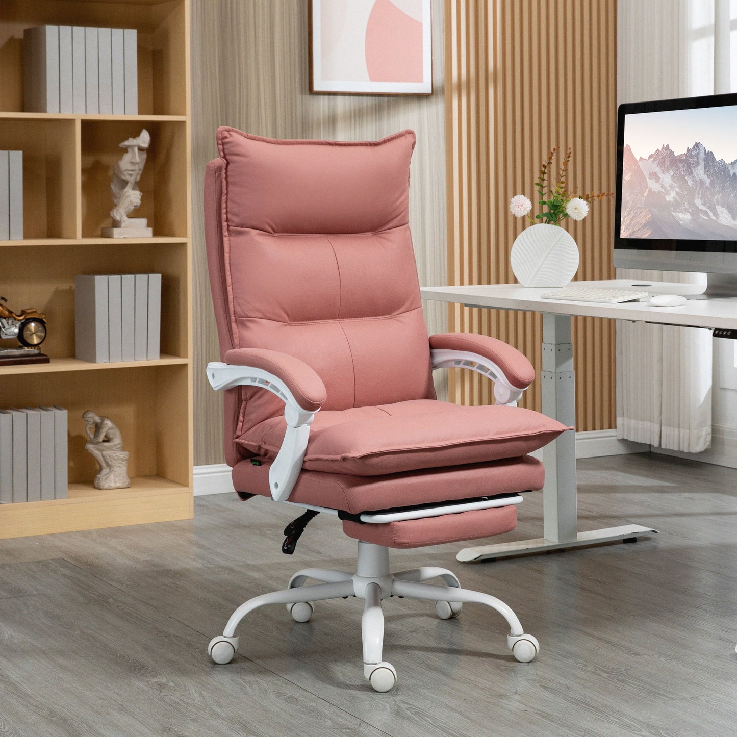 Vinsetto Silla de Masaje con 6 Puntos de Masaje y 5 Modos Silla de Escritorio Reclinable con Función de Calefacción Altura Ajustable Reposapiés y Ruedas para Estudio 66x74x114-121,5 cm Rosa