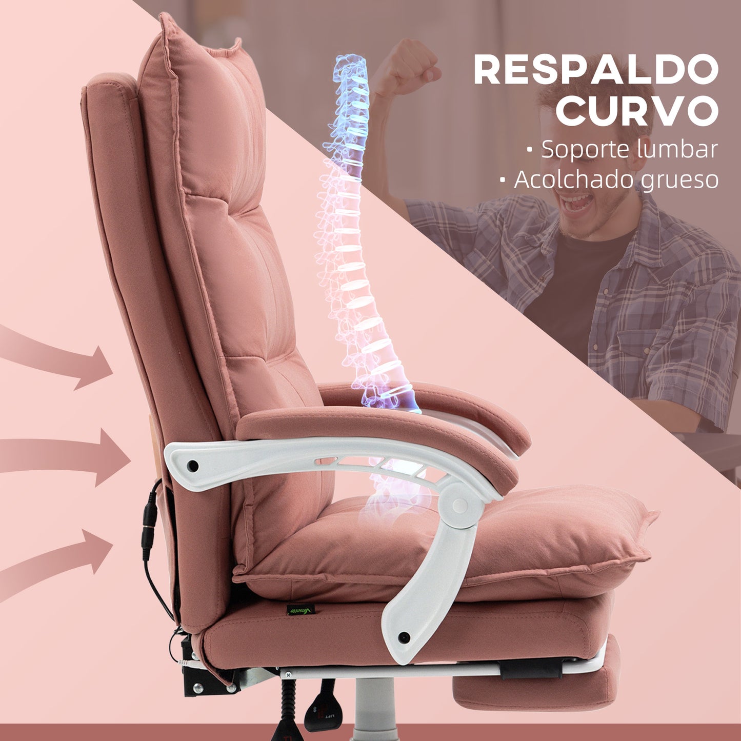 Vinsetto Silla de Masaje con 6 Puntos de Masaje y 5 Modos Silla de Escritorio Reclinable con Función de Calefacción Altura Ajustable Reposapiés y Ruedas para Estudio 66x74x114-121,5 cm Rosa