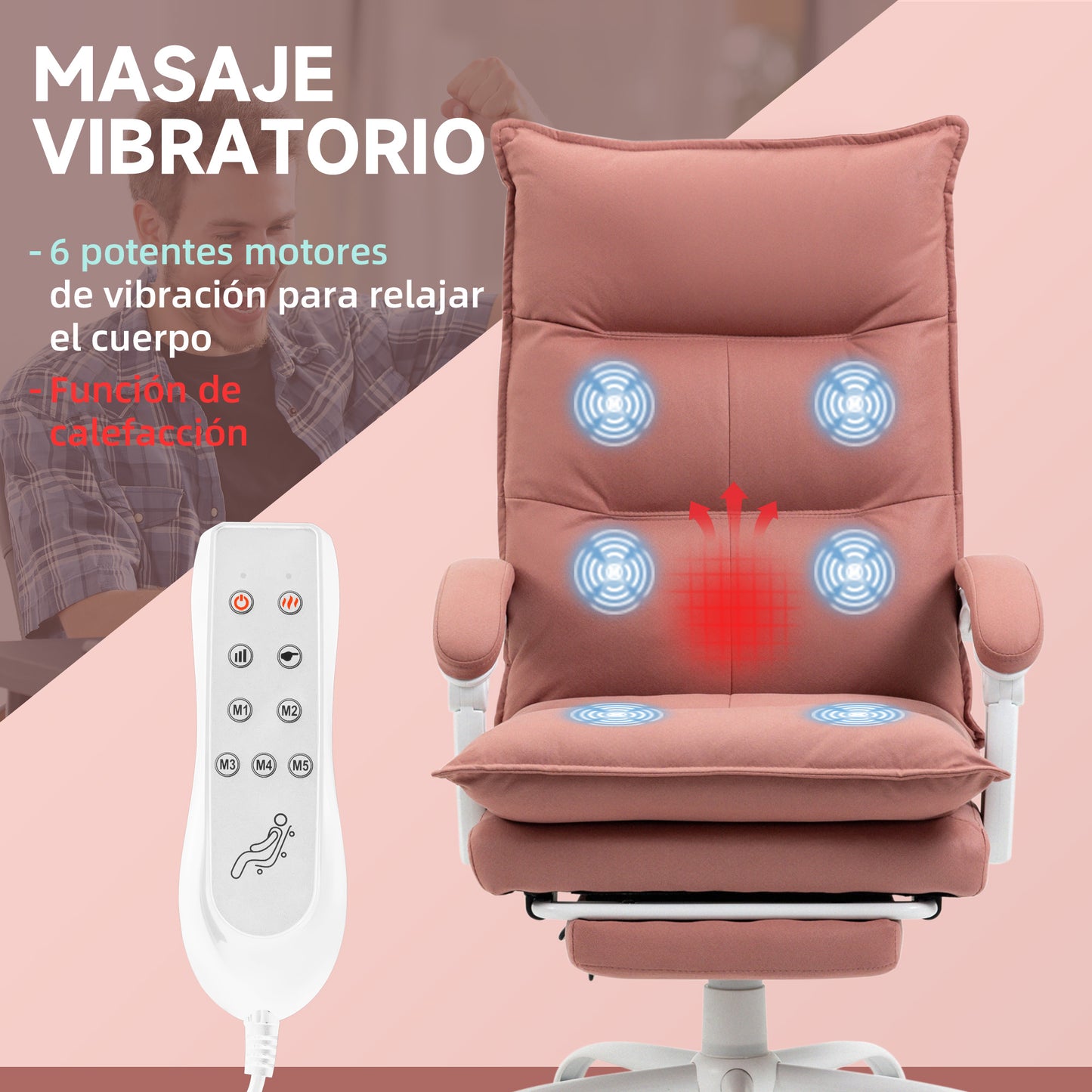 Vinsetto Silla de Masaje con 6 Puntos de Masaje y 5 Modos Silla de Escritorio Reclinable con Función de Calefacción Altura Ajustable Reposapiés y Ruedas para Estudio 66x74x114-121,5 cm Rosa