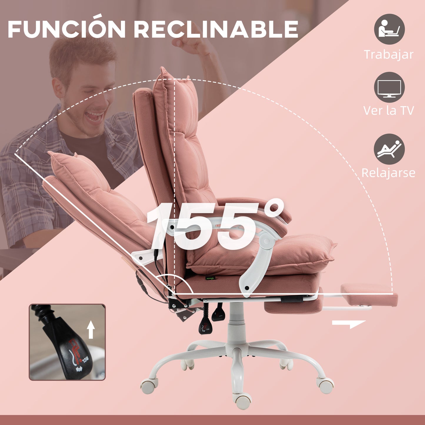 Vinsetto Silla de Masaje con 6 Puntos de Masaje y 5 Modos Silla de Escritorio Reclinable con Función de Calefacción Altura Ajustable Reposapiés y Ruedas para Estudio 66x74x114-121,5 cm Rosa