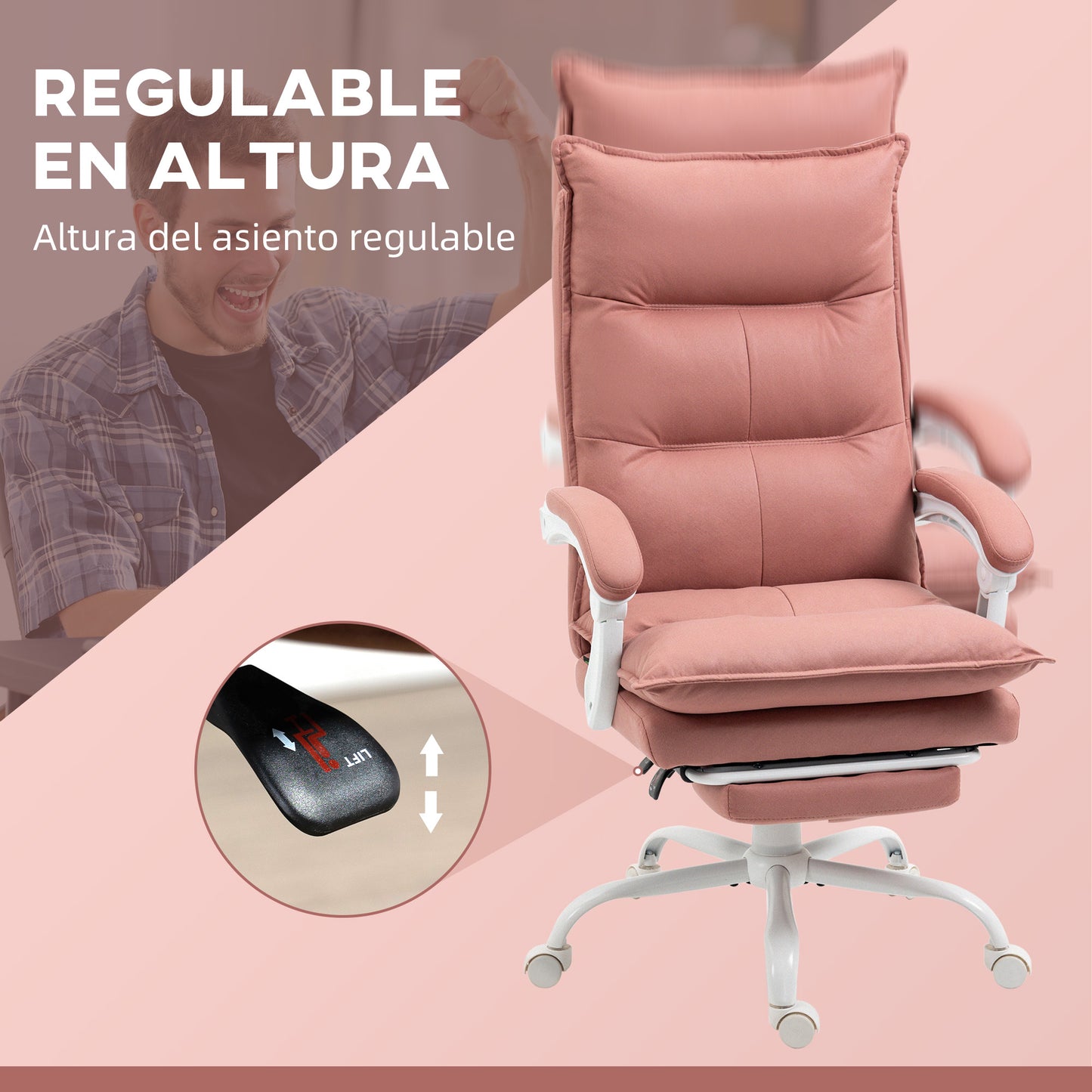 Vinsetto Silla de Masaje con 6 Puntos de Masaje y 5 Modos Silla de Escritorio Reclinable con Función de Calefacción Altura Ajustable Reposapiés y Ruedas para Estudio 66x74x114-121,5 cm Rosa