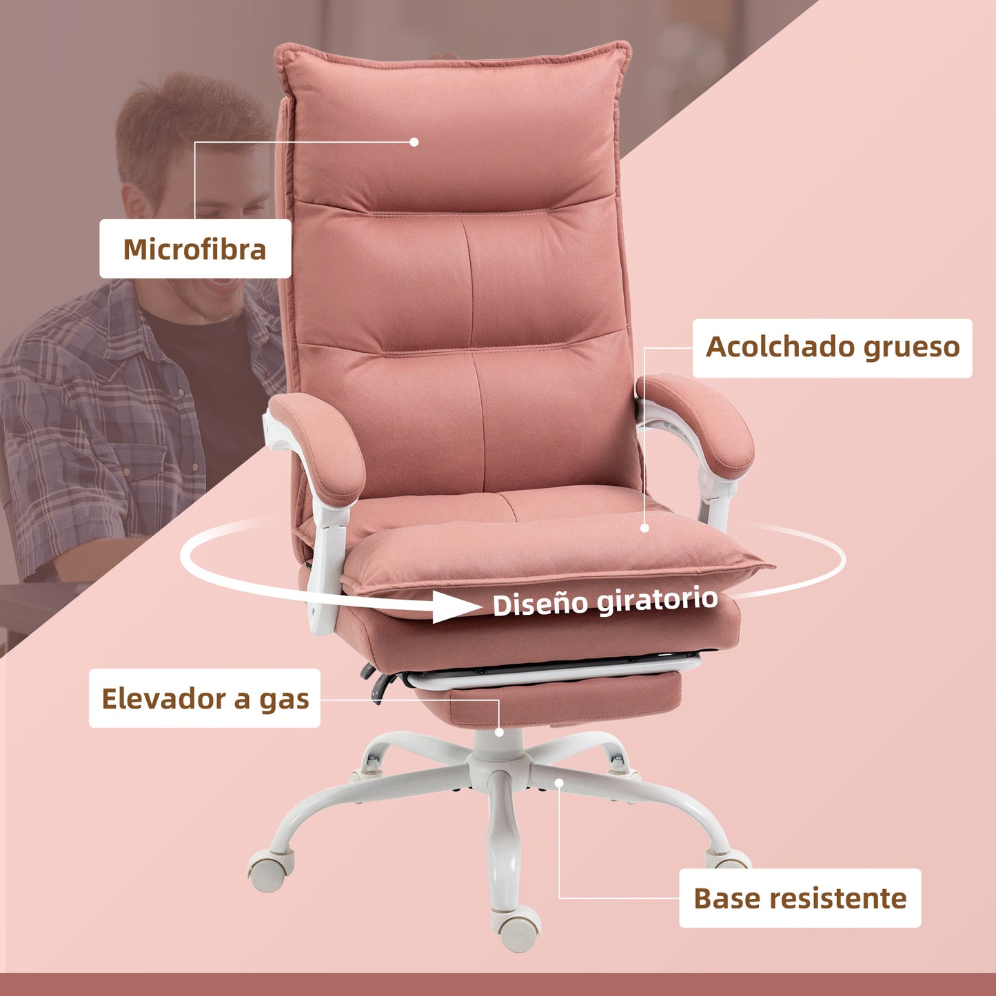 Vinsetto Silla de Masaje con 6 Puntos de Masaje y 5 Modos Silla de Escritorio Reclinable con Función de Calefacción Altura Ajustable Reposapiés y Ruedas para Estudio 66x74x114-121,5 cm Rosa