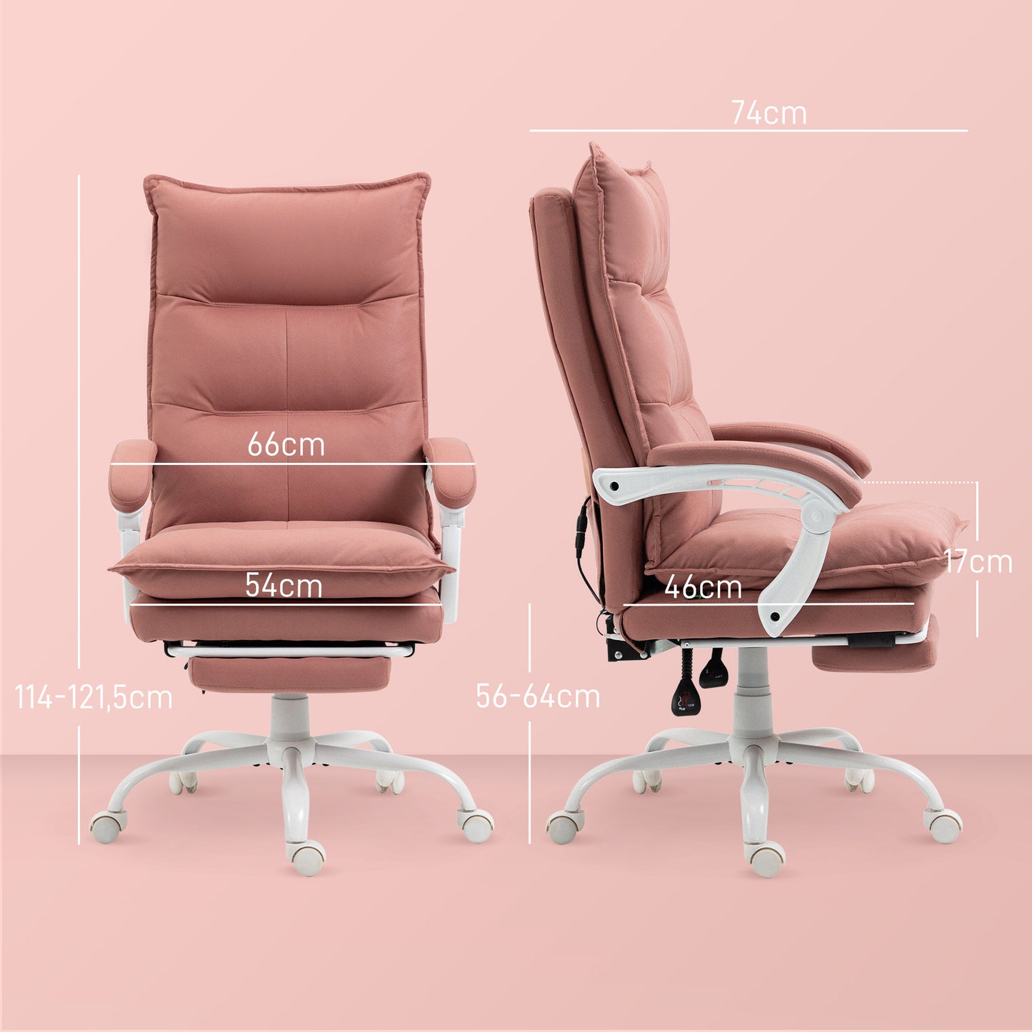 Vinsetto Silla de Masaje con 6 Puntos de Masaje y 5 Modos Silla de Escritorio Reclinable con Función de Calefacción Altura Ajustable Reposapiés y Ruedas para Estudio 66x74x114-121,5 cm Rosa