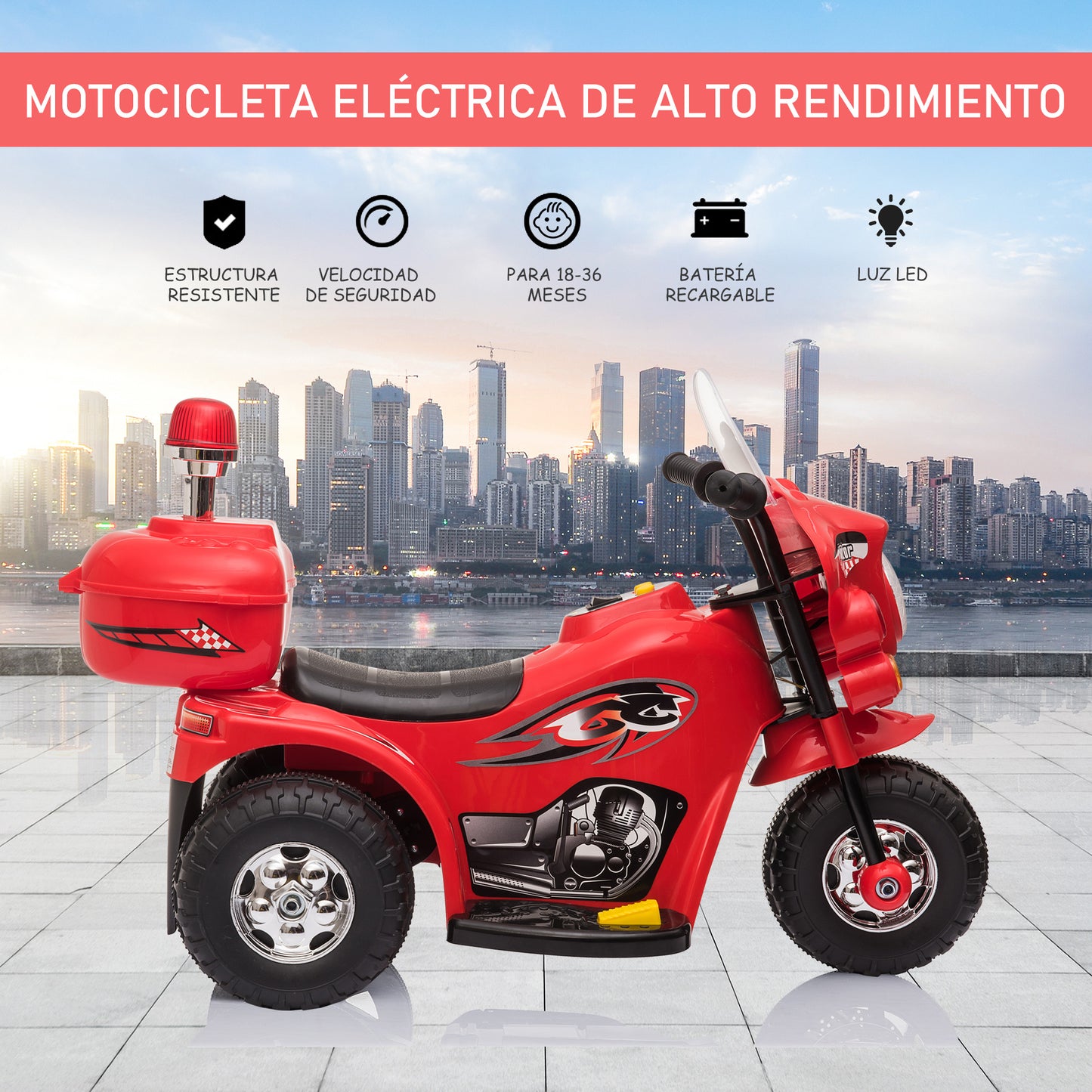 HOMCOM Moto Eléctrica para Niños de 18-36 Meses Moto de Batería 6V Motocicleta Infantil con 3 Ruedas Música Bocina Faros Baúl 80x35x52 cm Rojo