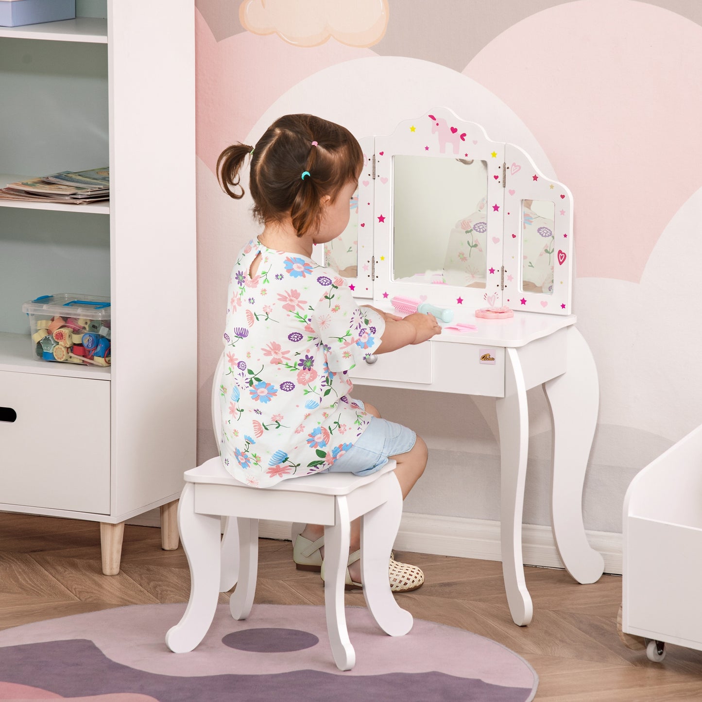 HOMCOM Tocador Infantil de Madera con Taburete y Espejo Acrílico de 3 Sectores Mesa de Maquillaje para Niñas con Cajón para Habitación del Niño 63x40x85,5 cm Rosa