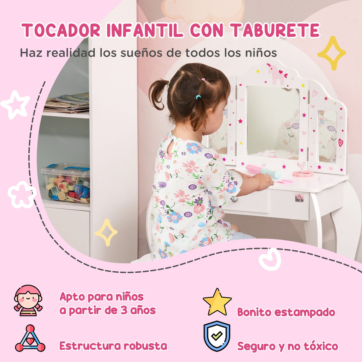 HOMCOM Tocador Infantil de Madera con Taburete y Espejo Acrílico de 3 Sectores Mesa de Maquillaje para Niñas con Cajón para Habitación del Niño 63x40x85,5 cm Rosa