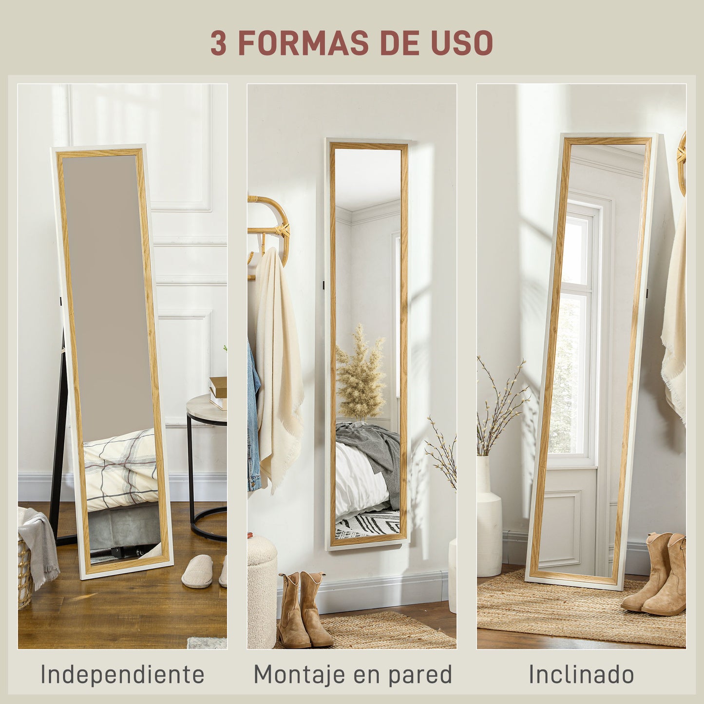 HOMCOM Espejo de Cuerpo Entero 157x37 cm Espejo de Pie o de Pared con Marco de MDF y Soporte para Dormitorio Salón Blanco y Natural Oscuro