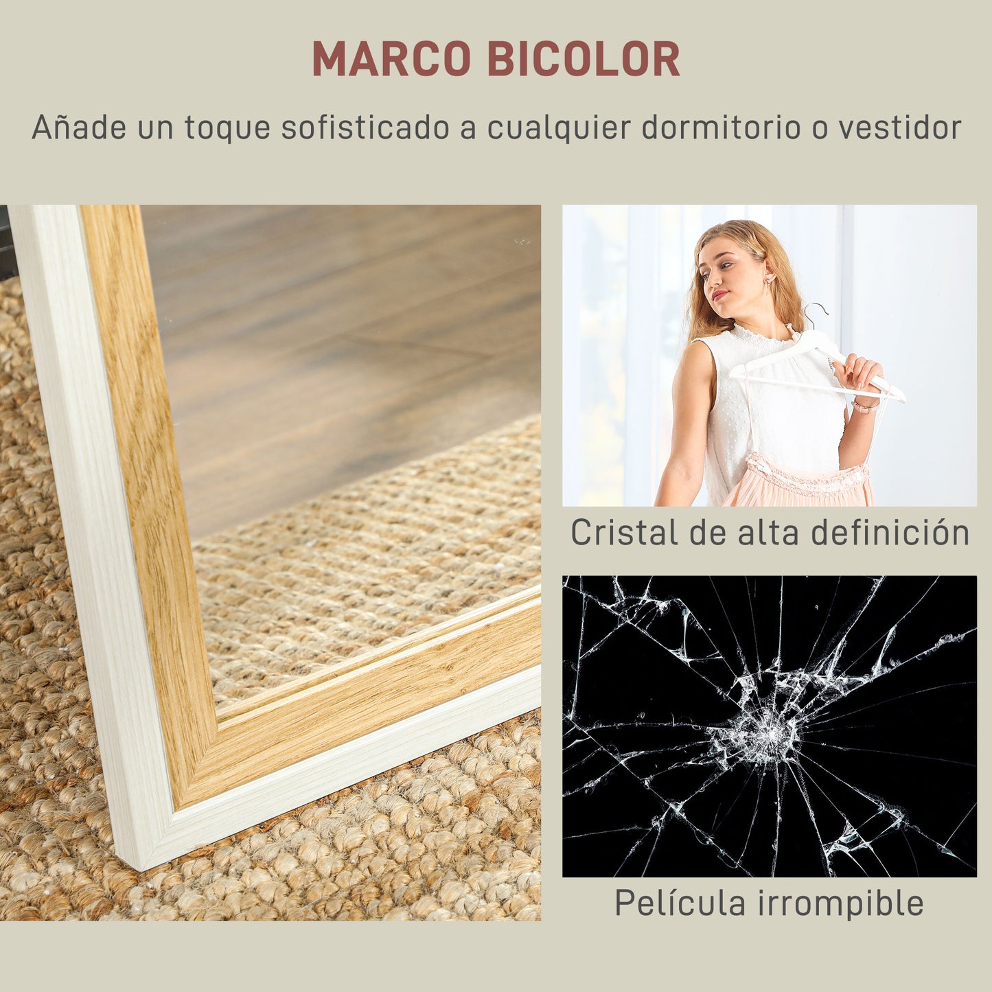 HOMCOM Espejo de Cuerpo Entero 157x37 cm Espejo de Pie o de Pared con Marco de MDF y Soporte para Dormitorio Salón Blanco y Natural Oscuro