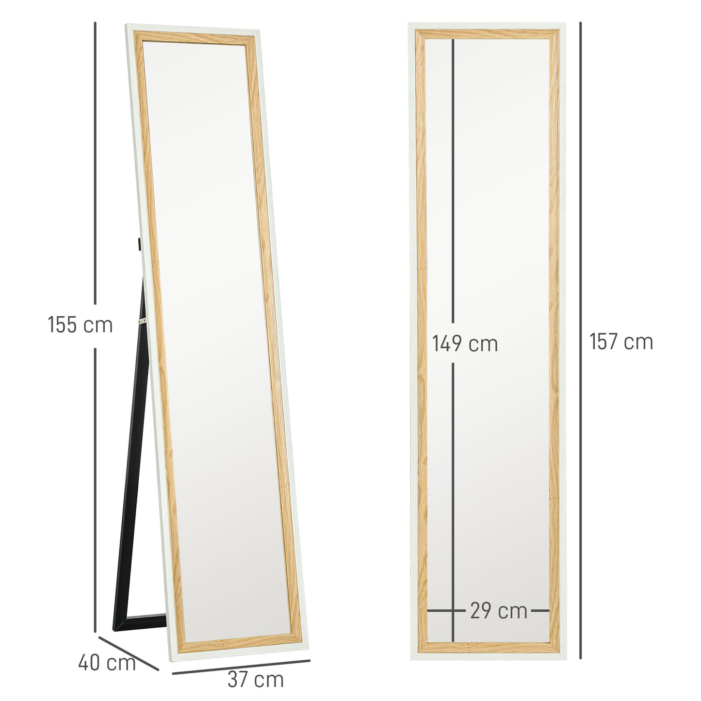 HOMCOM Espejo de Cuerpo Entero 157x37 cm Espejo de Pie o de Pared con Marco de MDF y Soporte para Dormitorio Salón Blanco y Natural Oscuro