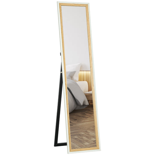 HOMCOM Espejo de Cuerpo Entero 157x37 cm Espejo de Pie o de Pared con Marco de MDF y Soporte para Dormitorio Salón Blanco y Natural Oscuro