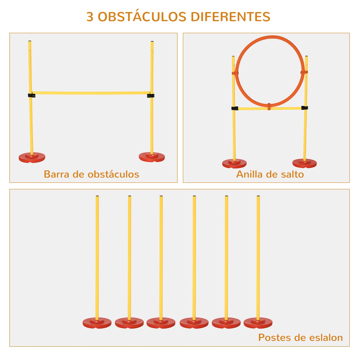 PawHut Equipo de Entrenamiento de Agilidad para Perros de 3 piezas Set de Agilidad con Obstáculos de Salto Aro Valla de Altura Ajustable y Bolsa de Transporte Amarillo