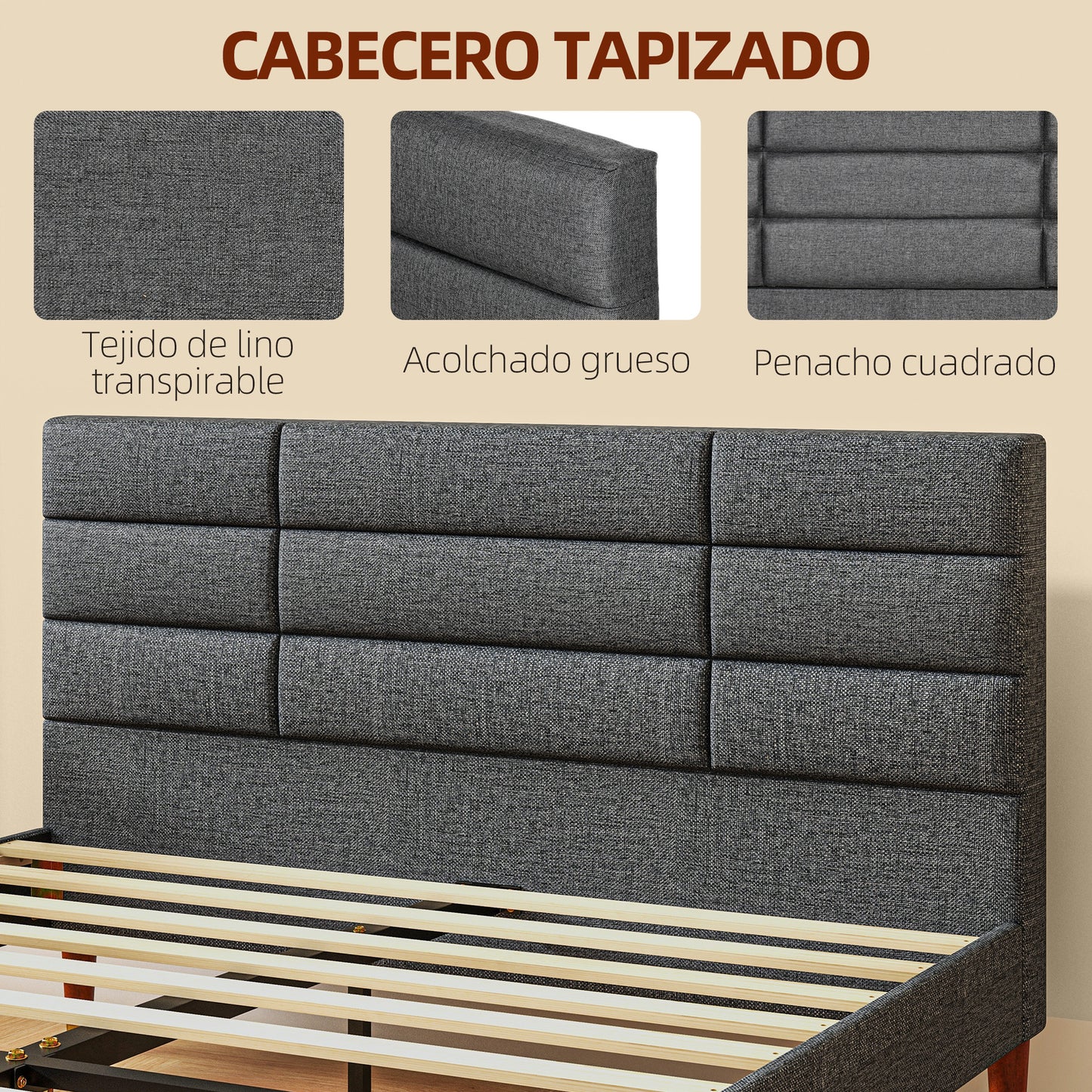 HOMCOM Cama 140x200 cm Estructura de Cama Somier con Cabecera Tapizada de Lino y Espacio de Almacenamiento Debajo de la Cama Carga 250 kg Gris