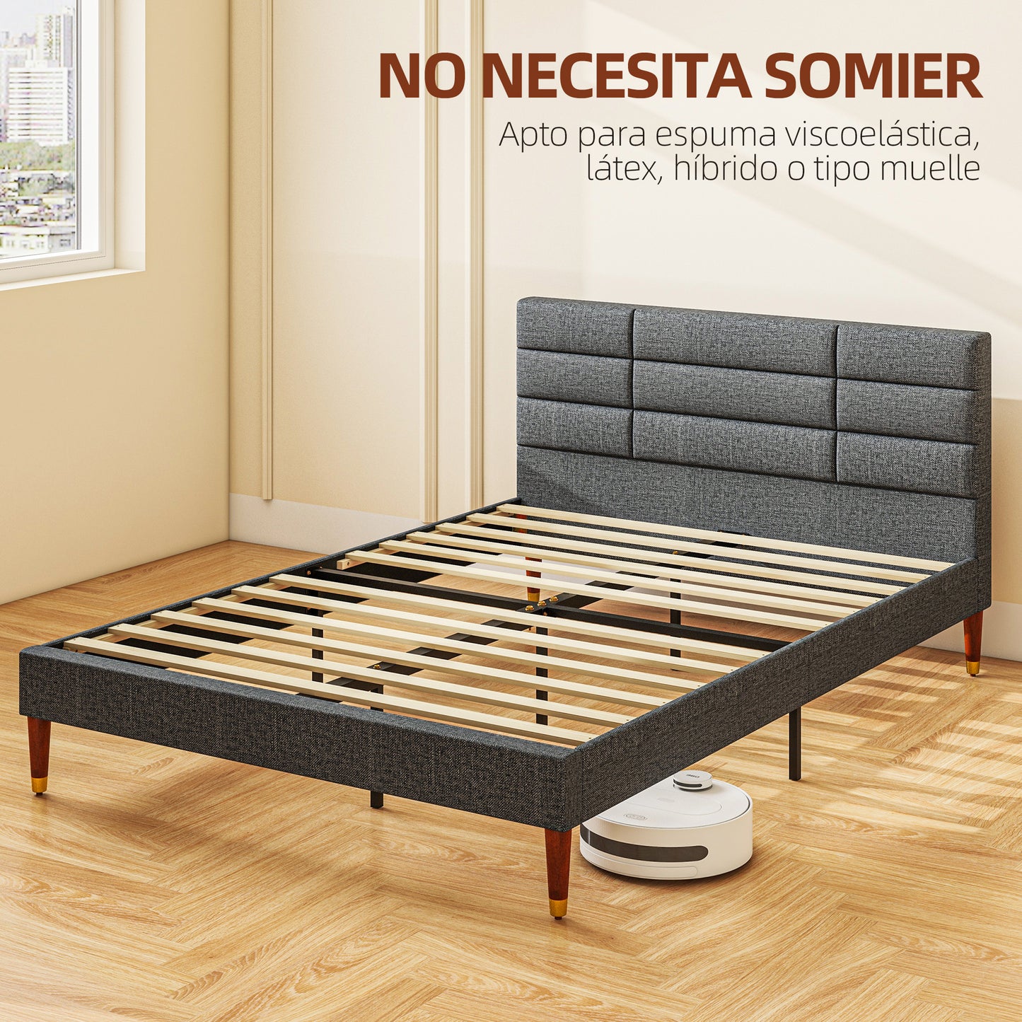 HOMCOM Cama 140x200 cm Estructura de Cama Somier con Cabecera Tapizada de Lino y Espacio de Almacenamiento Debajo de la Cama Carga 250 kg Gris