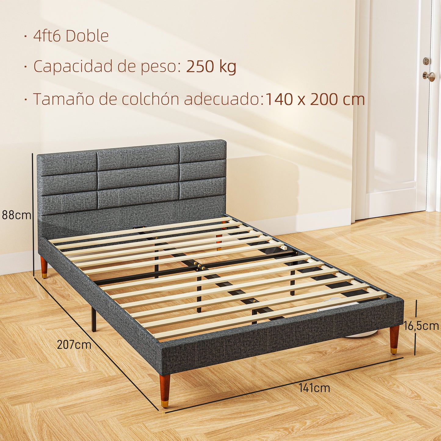 HOMCOM Cama 140x200 cm Estructura de Cama Somier con Cabecera Tapizada de Lino y Espacio de Almacenamiento Debajo de la Cama Carga 250 kg Gris