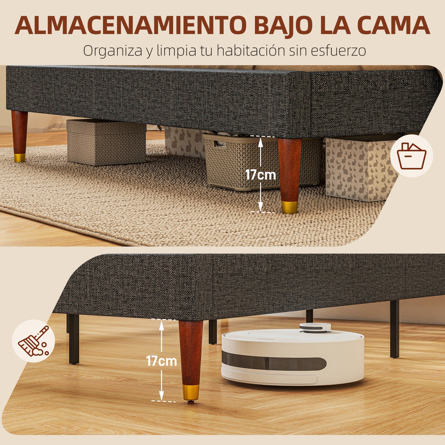 HOMCOM Cama 140x200 cm Estructura de Cama Somier con Cabecera Tapizada de Lino y Espacio de Almacenamiento Debajo de la Cama Carga 250 kg Gris