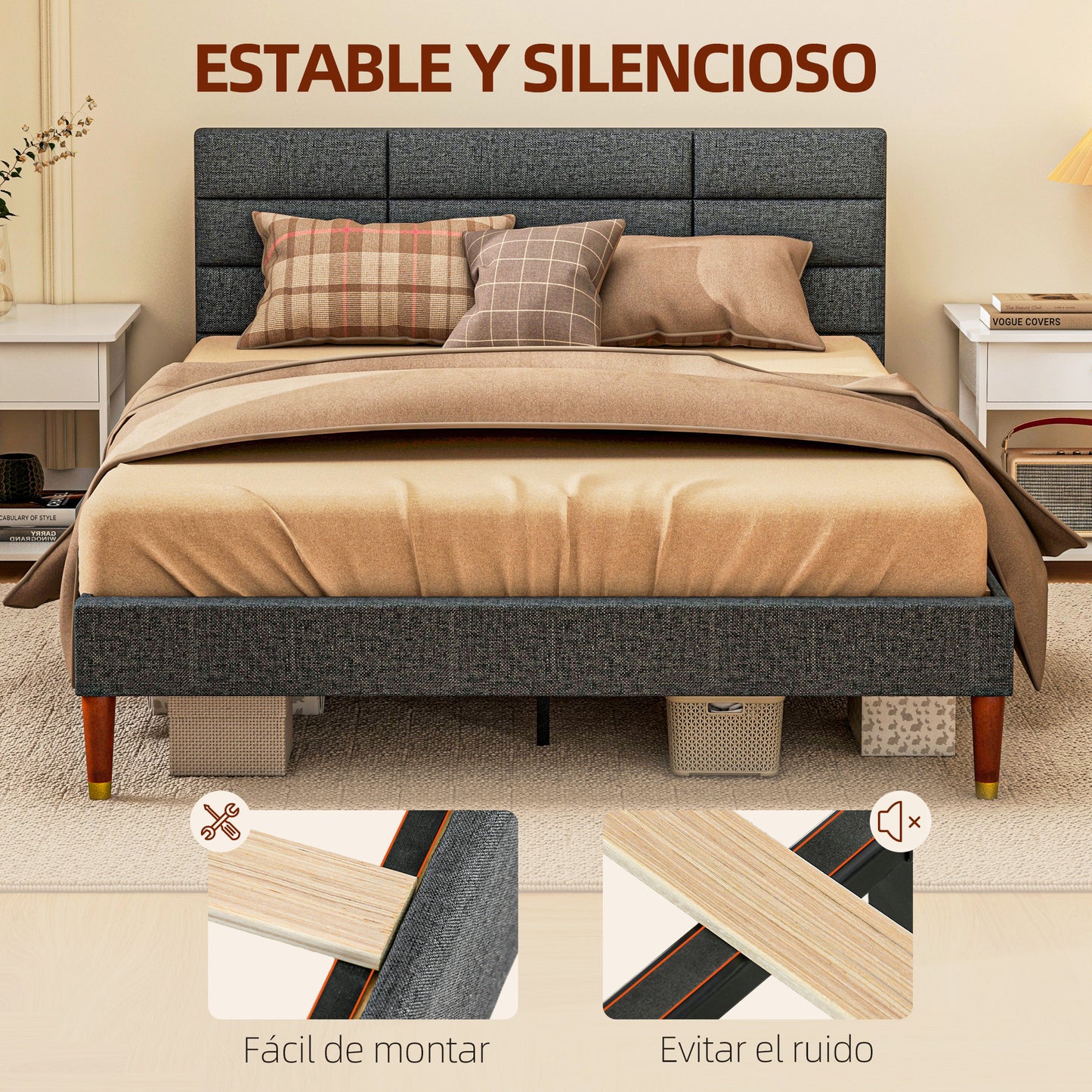 HOMCOM Cama 140x200 cm Estructura de Cama Somier con Cabecera Tapizada de Lino y Espacio de Almacenamiento Debajo de la Cama Carga 250 kg Gris