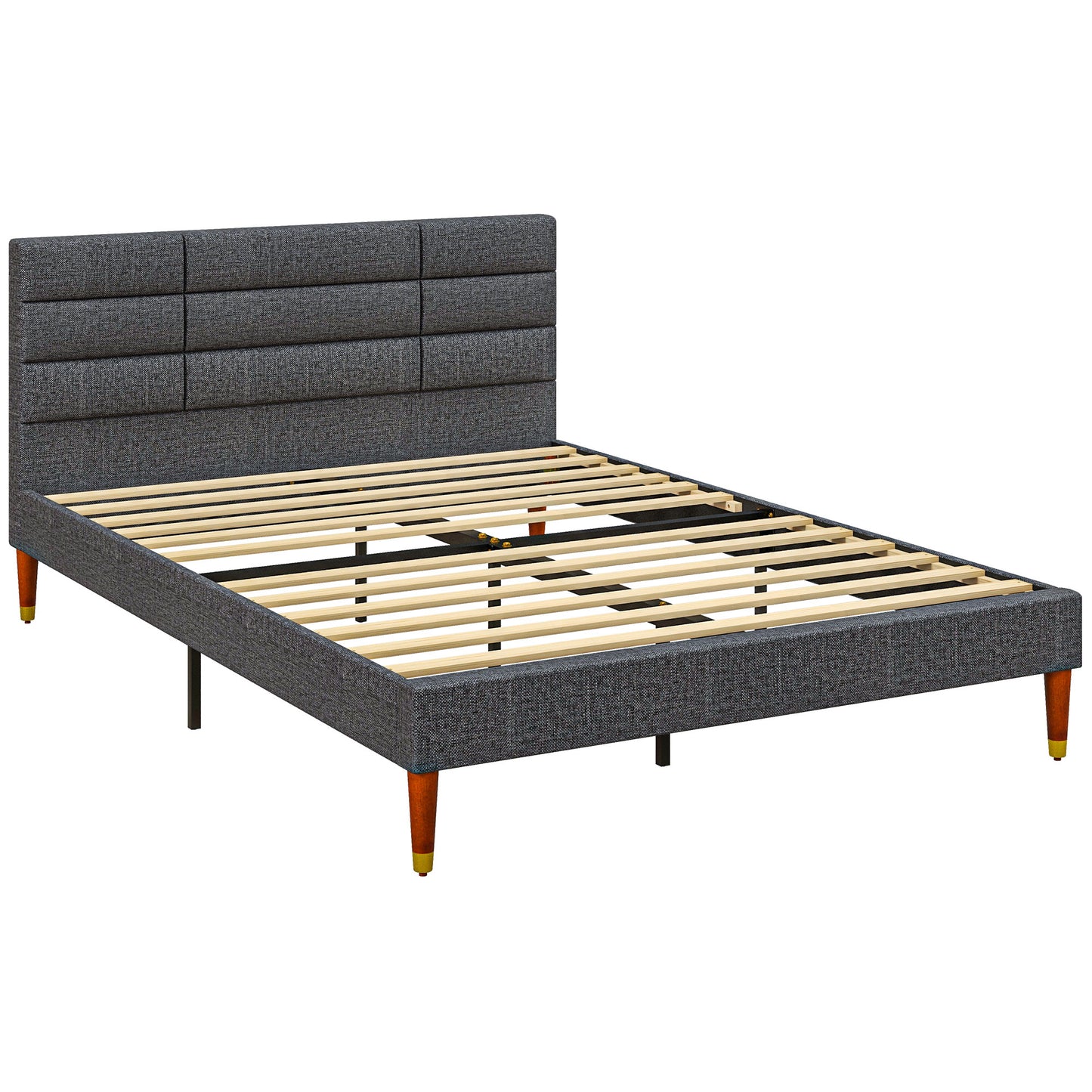 HOMCOM Cama 140x200 cm Estructura de Cama Somier con Cabecera Tapizada de Lino y Espacio de Almacenamiento Debajo de la Cama Carga 250 kg Gris