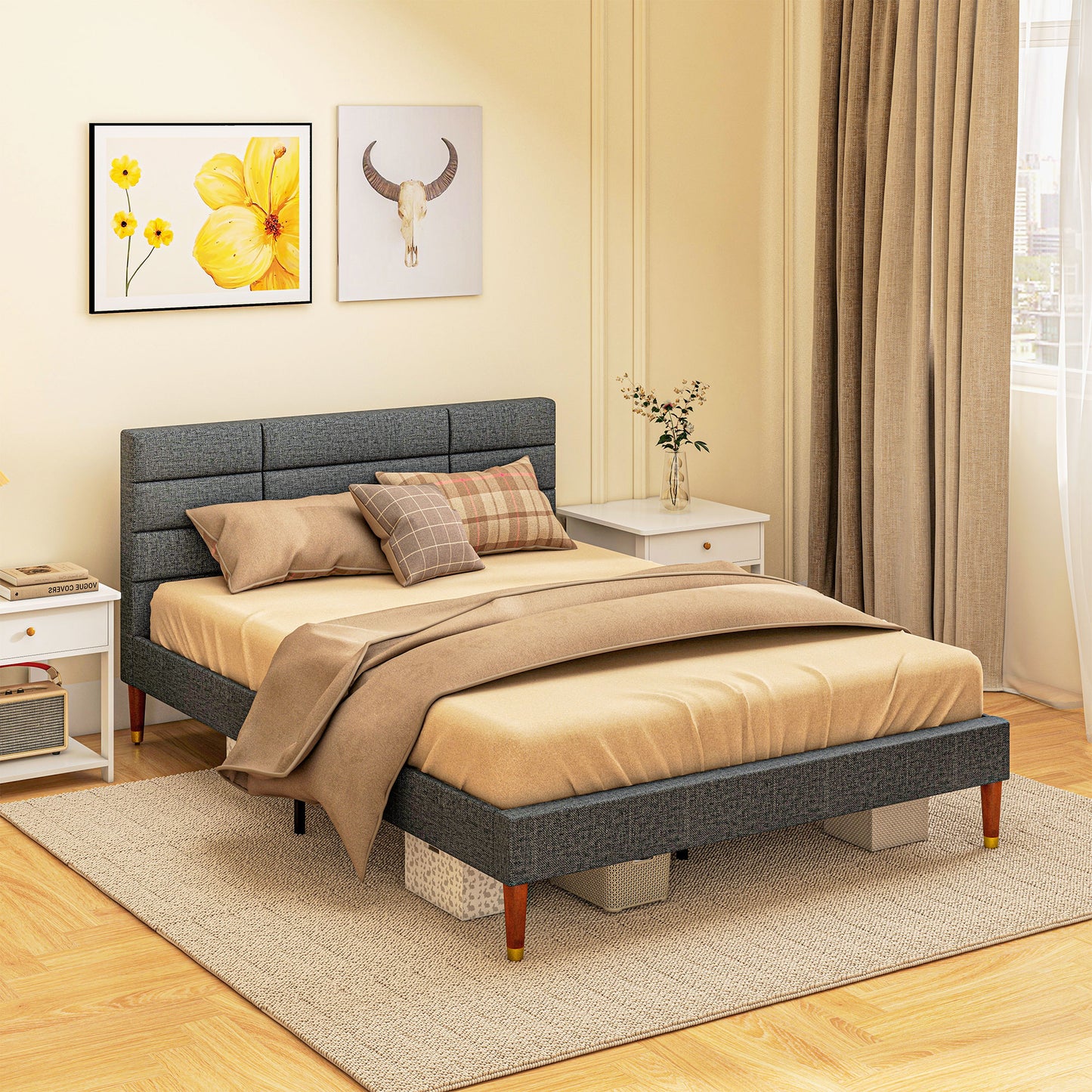 HOMCOM Cama 140x200 cm Estructura de Cama Somier con Cabecera Tapizada de Lino y Espacio de Almacenamiento Debajo de la Cama Carga 250 kg Gris