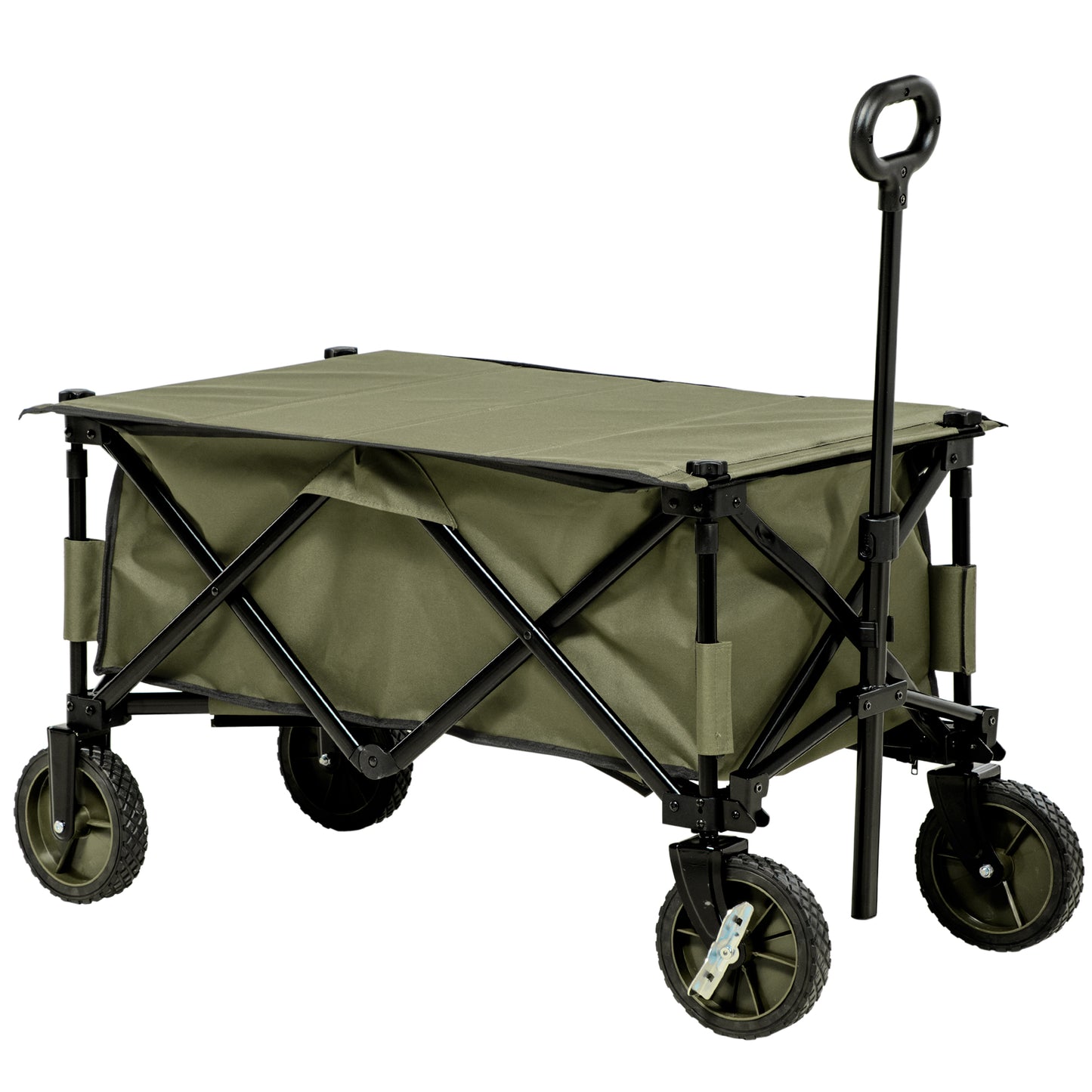 Outsunny Carro Plegable de Jardín con Ruedas Carro de Mano para Playa con Mango Telescópico Tablero Plegable 5 Bolsas de Almacenamiento Marco de Acero y Tela Oxford Carga 100 kg 108x55x93 cm Verde