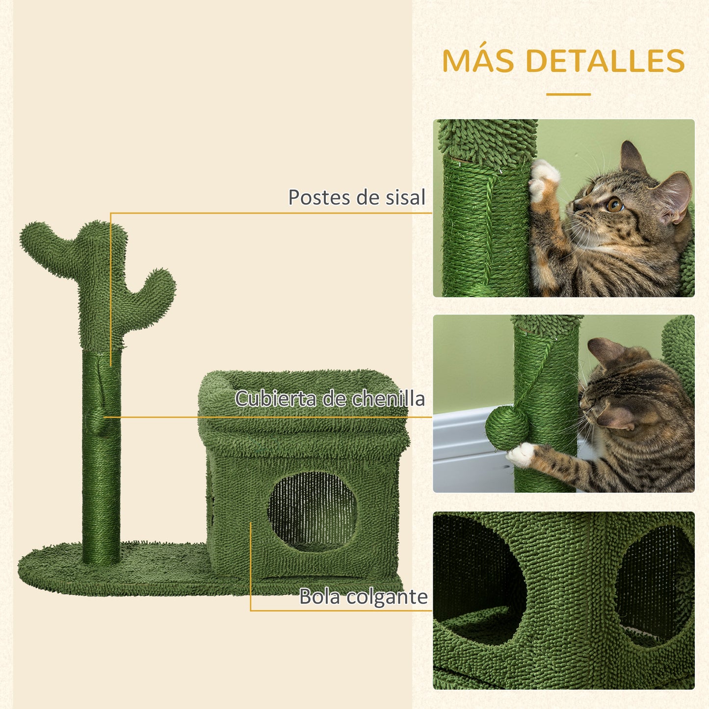 PawHut Árbol Rascador para Gatos Diseño de Cactus Altura 67 cm Torre para Gatos con Cama Caseta de Felpa Poste de Sisal y Bola Colgante 68x30x67 cm Verde